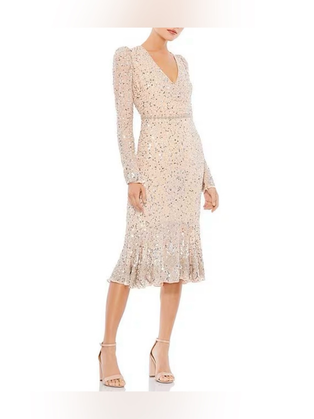 Mac Duggal Beige Sequin Dress Beaded Hemline/Belt Size 6 10740 NEW $398 Wedding